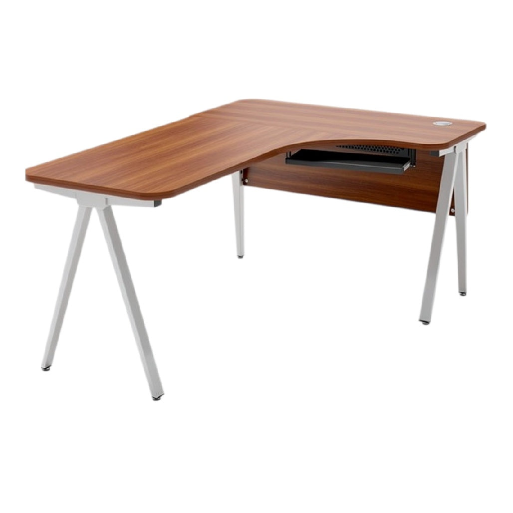 **Moderne L-vormige bureau met houten blad en metalen poten**