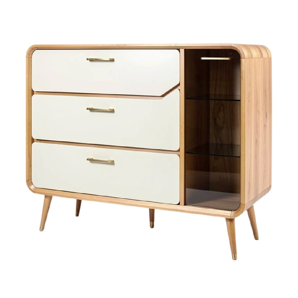 **Technische Titel in het Nederlands: Modern houten dressoir met glanzende lades en open vak**