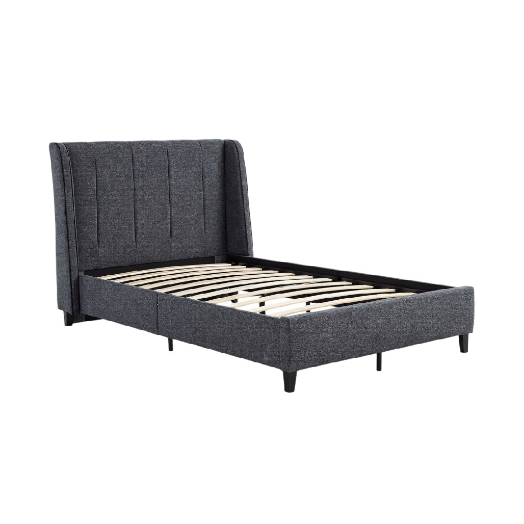 **Technische Titel in het Nederlands: Moderne bed met gestoffeerde hoofdbord en houten lattenbodem**