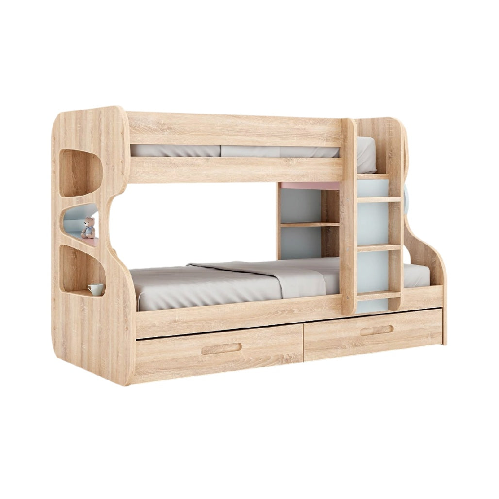 **Technische titel in het Nederlands: Moderne stapelbed met opslag en houten afwerking**